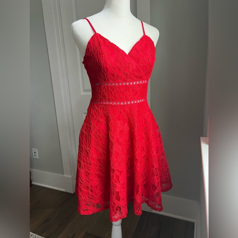 Romantic red lace with lining adjustable spaghetti strap mini dress.